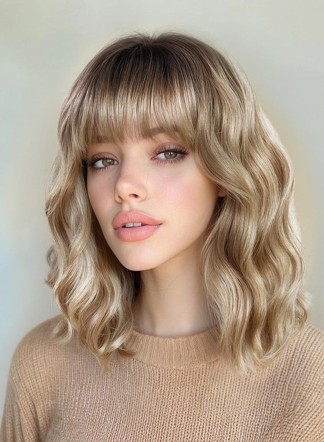 WIGER Short Bob Wave Hair with Bangs Synthetic Mixed Blonde Curly Wigs for Young and Middle-aged Women Daily Wear & Cosplay Costume - Image 4